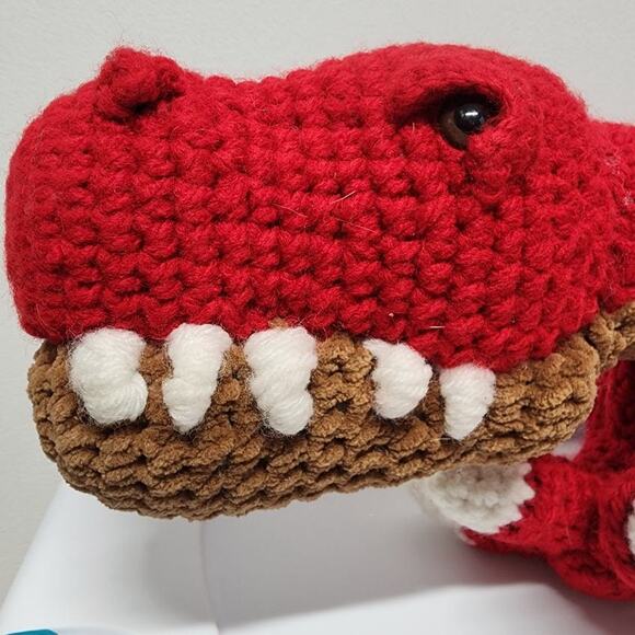 Handmade Crochet Red T-Rex Jumbo Dinosaur Plush 24" Large Stuffed Animal - Picture 10 of 16
